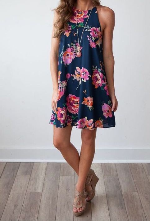 Blue Bohemian Floral High Necked Dress