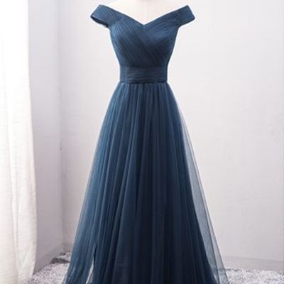 New arrival off-shoulder a-line navy blue tulle long prom dress