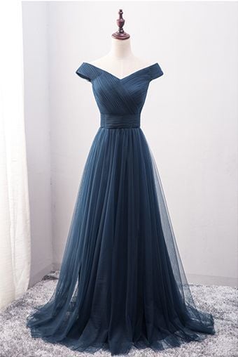 New Arrival Off-Shoulder A-Line Navy Blue Tulle Long Prom Dress