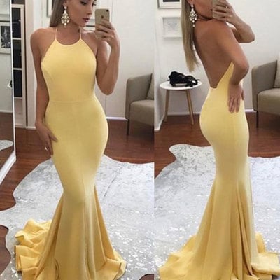 High fashion halter mermaid prom dress, sheath yellow long prom dresses