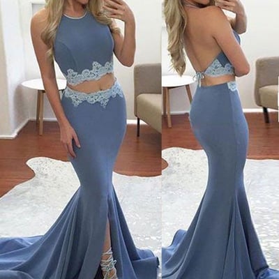 Lavender two-piece halter split front mermaid backless prom dress with lace