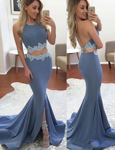 Lavender Two-Piece Halter Split Front Mermaid Backless Prom Dress with Lace