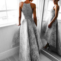 Stylish gray lace high low prom dress, gray lace evening dress - Thumbnail 1