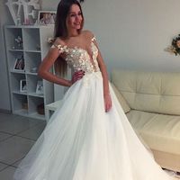 white round neck lace tulle long prom dress, white evening dress - Thumbnail 1