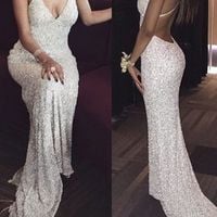 White mermaid sequin long prom dress, white evening dress - Thumbnail 1