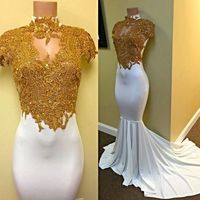  Mermaid lace long prom dress,gold lace evening dresses - Thumbnail 1