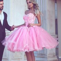 pink sweetheat neck lace short prom dress,evening dress,homecoming dress - Thumbnail 1