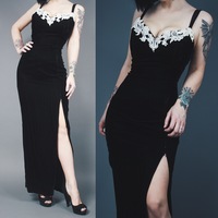 CLAIMED @theweirdstrange - Vintage 90s Black Crushed Velvet Hourglass Gown with High Slit and Lace Trim - Thumbnail 1