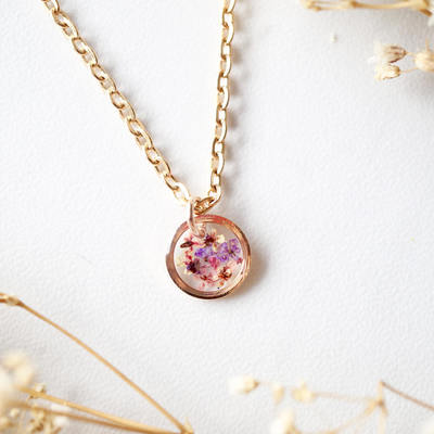 Real dried flowers in resin necklace, small rose gold circle in pinks and purple
