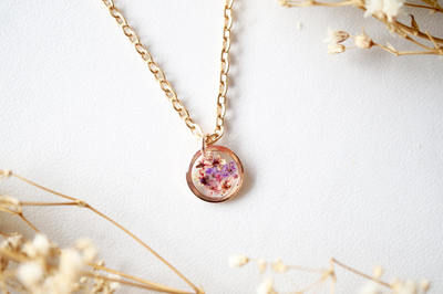 Real Dried Flowers in Resin Necklace, Small Rose Gold Circle in Pinks and Purple