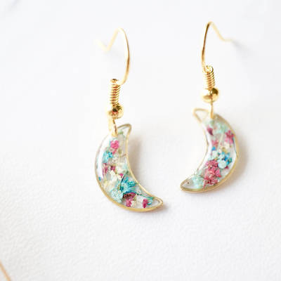 Real dried flowers and resin earrings, gold moons in maroon mint teal white