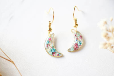 Real Dried Flowers and Resin Earrings, Gold Moons in Maroon Mint Teal White