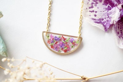 Real Dried Flowers in Resin Necklace, Half Circle in Purple Red Purple Green