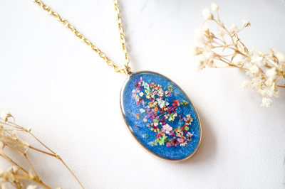 Real Dried Flowers in Resin Necklace, Gold Oval in Blue Party Mix
