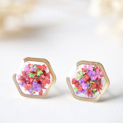 Real dried flowers and resin stud earrings, gold hexagon in neon mix