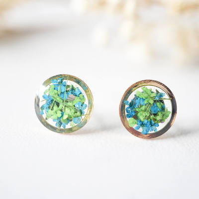 Real dried flowers and resin stud earrings, rose gold circle in green and blue