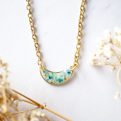 Real dried flowers in resin necklace, gold half moon in teal mint white