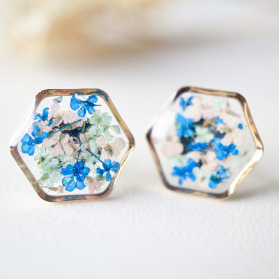 Real dried flowers and resin stud earrings, rose gold hexagon in blue mint pink