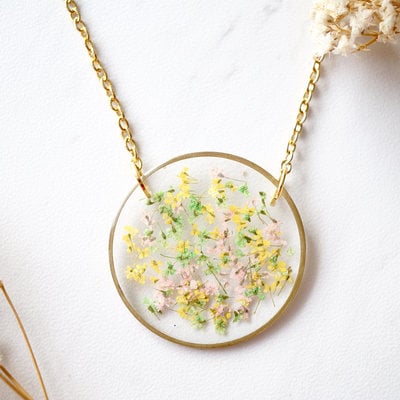 Real dried flowers in resin necklace, gold circle in pink yellow green
