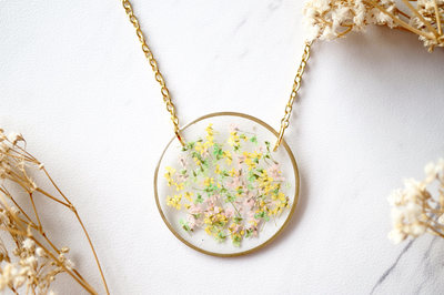 Real Dried Flowers in Resin Necklace, Gold Circle in Pink Yellow Green
