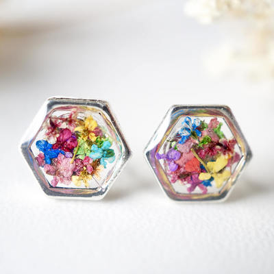 Real dried flowers and resin stud earrings, silver hexagon in party mix