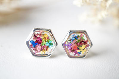 Real Dried Flowers and Resin Stud Earrings, Silver Hexagon in Party Mix