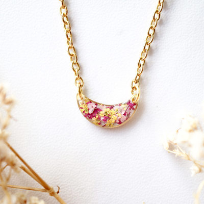 Real dried flowers in resin necklace, gold half moon in pink magenta yellow
