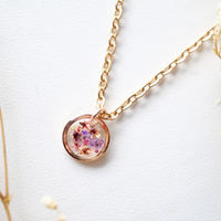 Real Dried Flowers in Resin Necklace, Small Rose Gold Circle in Pinks and Purple - Thumbnail 1