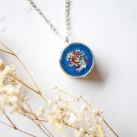 Real Dried Flowers in Resin Necklace, Thick Silver Circle in Blue Party Mix - Thumbnail 1