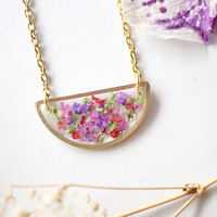 Real Dried Flowers in Resin Necklace, Half Circle in Purple Red Purple Green - Thumbnail 1