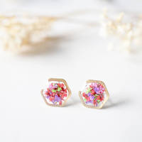 Real Dried Flowers and Resin Stud Earrings, Gold Hexagon in Neon Mix - Thumbnail 1