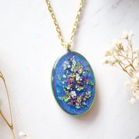 Real Dried Flowers in Resin Necklace, Gold Oval in Blue Party Mix - Thumbnail 1