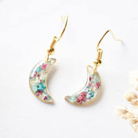 Real Dried Flowers and Resin Earrings, Gold Moons in Maroon Mint Teal White - Thumbnail 1