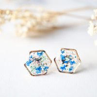 Real Dried Flowers and Resin Stud Earrings, Rose Gold Hexagon in Blue Mint Pink - Thumbnail 1
