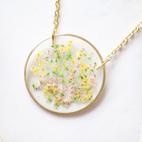 Real Dried Flowers in Resin Necklace, Gold Circle in Pink Yellow Green - Thumbnail 1