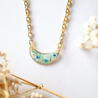 Real Dried Flowers in Resin Necklace, Gold Half Moon in Teal Mint White - Thumbnail 1