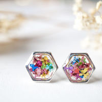 Real Dried Flowers and Resin Stud Earrings, Silver Hexagon in Party Mix - Thumbnail 1