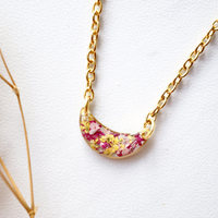 Real Dried Flowers in Resin Necklace, Gold Half Moon in Pink Magenta Yellow - Thumbnail 1