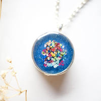 Real Dried Flowers in Resin Necklace, Thick Silver Circle in Blue Party Mix - Thumbnail 2