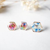 Real Dried Flowers and Resin Stud Earrings, Rose Gold Hexagon in Blue Mint Pink - Thumbnail 2