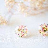 Real Dried Flowers and Resin Circle Stud Earrings in Pink Green Gold Flakes - Thumbnail 3