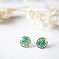 Real Dried Flowers and Resin Stud Earrings, Rose Gold Circle in Green and Blue - Thumbnail 2