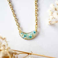 Real Dried Flowers in Resin Necklace, Gold Half Moon in Teal Mint White - Thumbnail 2