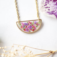 Real Dried Flowers in Resin Necklace, Half Circle in Purple Red Purple Green - Thumbnail 3