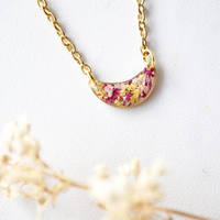 Real Dried Flowers in Resin Necklace, Gold Half Moon in Pink Magenta Yellow - Thumbnail 2