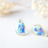 Real Dried Flowers and Resin Stud Earrings, Gold Teardrop in Mint Teal Purple Blue - Thumbnail 1
