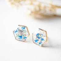Real Dried Flowers and Resin Stud Earrings, Rose Gold Hexagon in Blue Mint Pink - Thumbnail 3
