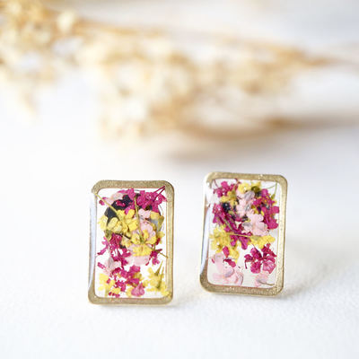 Real dried flowers and resin stud earrings, gold rectangle in maroon pink yellow