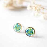 Real Dried Flowers and Resin Stud Earrings, Rose Gold Circle in Green and Blue - Thumbnail 3