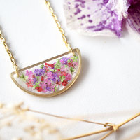 Real Dried Flowers in Resin Necklace, Half Circle in Purple Red Purple Green - Thumbnail 4